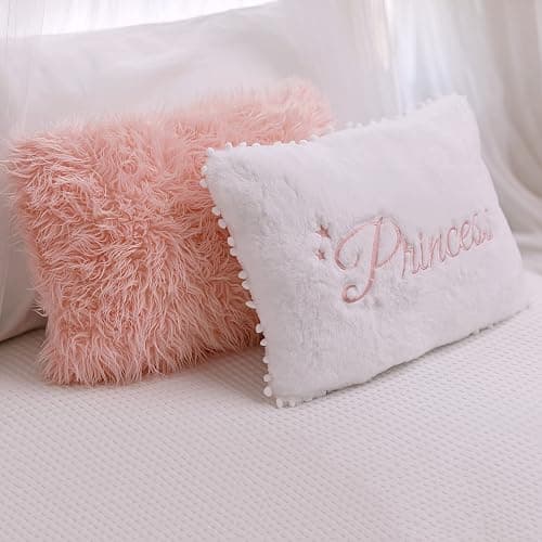 Perfectto Design Set of 2 Decorative Pillows for Toddler Kids Room. White Fluffy Princess Embroidered and Furry Pink Faux Fur Pillow. Soft and Plush Throw Pillows for Kid’s Bedroom Décor thumbnail 6