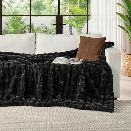 Lotus Karen Faux Fur Throw Blanket Black - Big Bubble Rabbit Fluff Blanket for Couch, Small Fluffy Fuzzy Cozy Blanket, Thick Furry Plush Shaggy Blankets, 50x60 Inches thumbnail 2