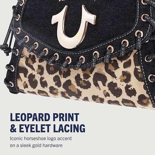 True Religion Denim Eyelet Trim Flap Bag | Studded Lace-Up Crossbody Shoulder Handbag with Horseshoe Logo, Leopard thumbnail 3