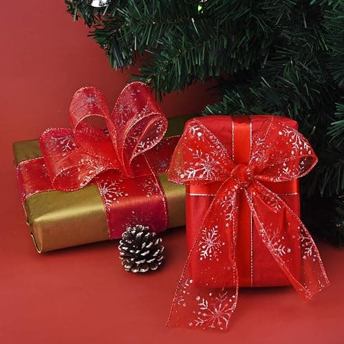 Livder 2.5 Inch Wide Christmas Wired Ribbon Snowflake Organza Sheer Glitter Ribbon for Xmas Tree, Wreath, Party Decoration, Gift Wrapping (Red, 21.9 Yards) thumbnail 6
