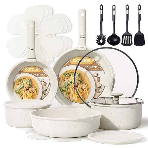 CAROTE 19pcs Pots and Pans Set Non Stick, Detachable Handle Cookware | Kitchen Cooking Sets, Space Saving, Dishwasher & Oven Safe, Non-Toxic, for Camping/RV/Traveling, Cream White - Image 1