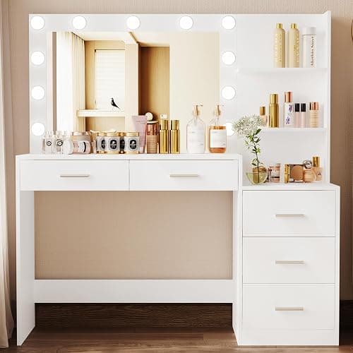 Rovaurx 46.7" Makeup Vanity Table with Lighted Mirror, Large Vanity Desk with Storage Shelf & 5 Drawers, Bedroom Dressing Table, 11 LED Lights, White - White - Image 1