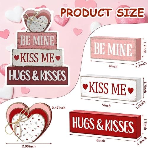 4 Pcs Valentine's Day Table Decoration, Valentine Wooden Sign Love Table Centerpiece Rustic Distressed Valentines Centerpieces Blocks Farmhouse Tiered Tray Decor for Farmhouse Holiday Tabletop thumbnail 3
