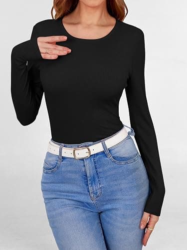ANRABESS Women Long Sleeve Shirts Built-in Bra Crewneck Rib Knit Slim Fit Basic Tee Tops 2025 Fall Casual T-Shirt Base Layer thumbnail 3