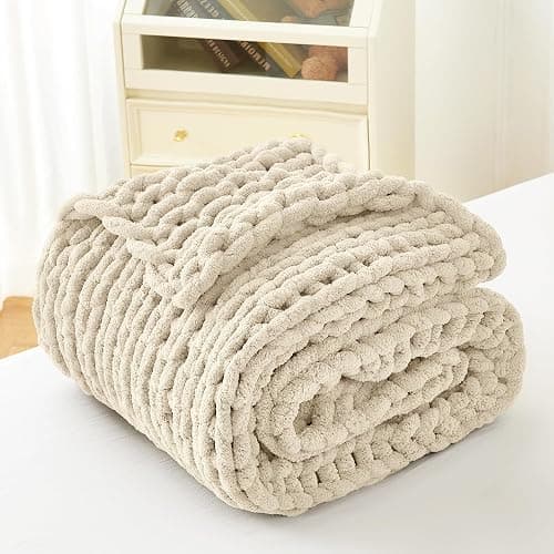 Admitrack Chunky Knit Blanket Throw, 100% Hand Knit Chenille Throw Blanket for Sofa & Home Decor, Soft and Cozy Knitted Throw Blankets (Ivory, 60"x80") thumbnail 7