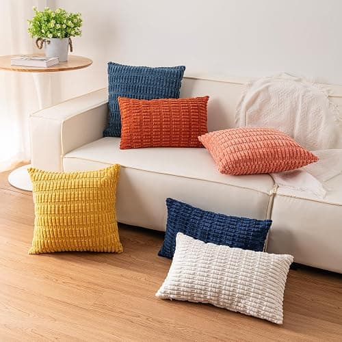 Aegero Pack of 2 Corduroy Decorative Throw Pillow Covers 18x18 Inch Soft Striped Pillow Covers Modern Farmhouse Home Decor for Sofa Living Room Couch Bed(Cream White) thumbnail 6