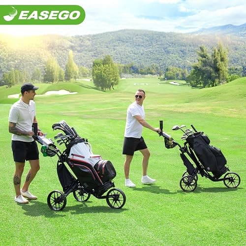 EASEGO Golf Push Cart 3 Wheel : Golf Caddy Pull Cart, One Click Folding Golf Bag Cart Lightweight Compact Golf Trolley with Cooler Bag, Umbrella, Cup & Phone Holder for Different Terrain thumbnail 10