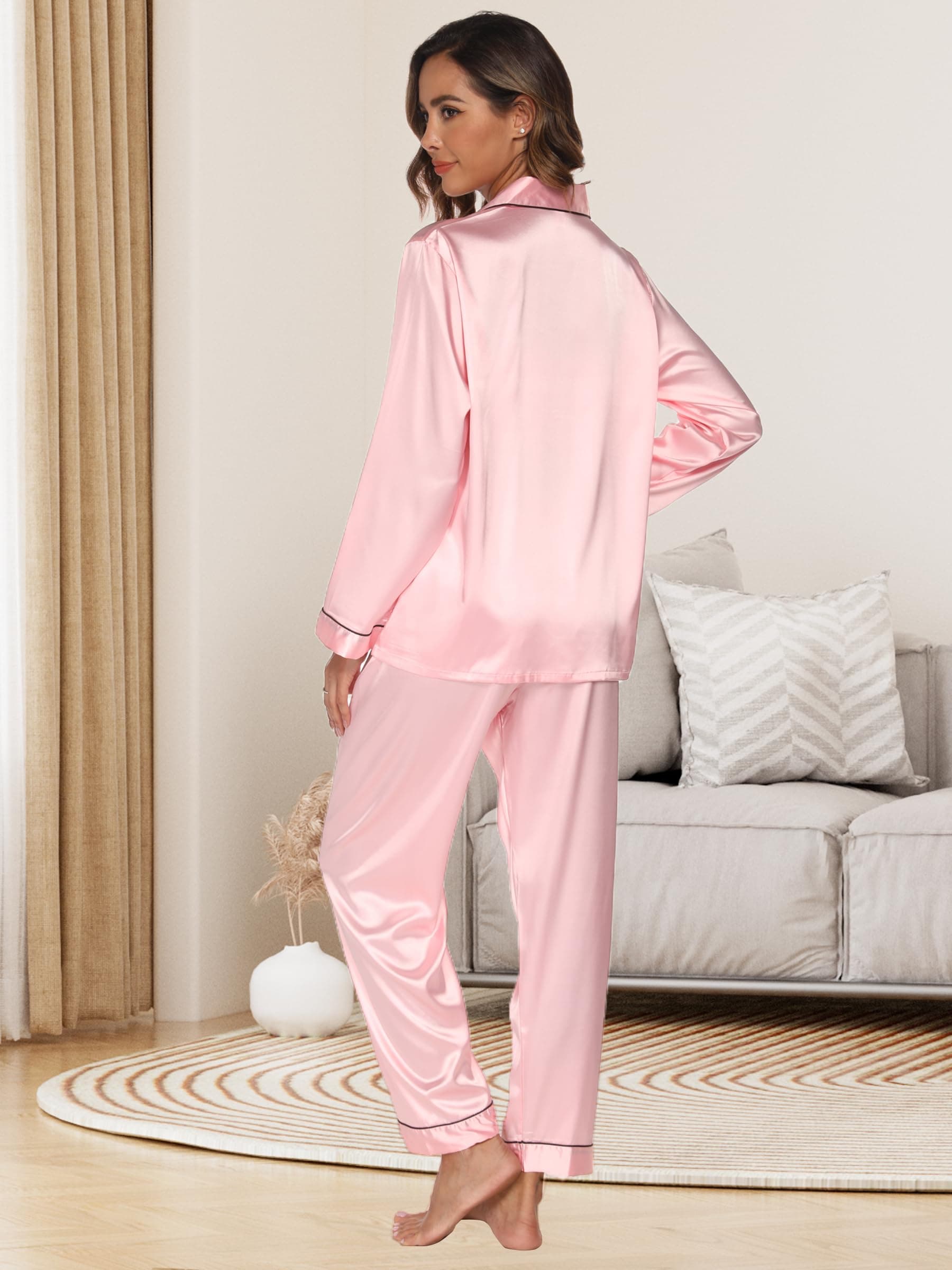 Tefola Pijama de Mujer de satén de Seda sintética-Mujeres Color sólido de Manga Larga Pijamas de Seda Camisones, Conjunto de Pijamas con Botones thumbnail 6