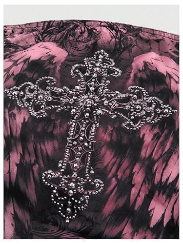 SHENHE Women's Strapless Rhinestone Cross Print Goth Punk Y2k Crop Top | Y2K Tube Top,Ruched,Slim Fit,Gothic Clothes thumbnail 3