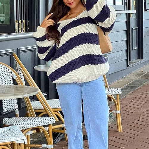 Women Y2K Striped Oversized Sweater Crewneck Long Sleeve Vintage Aesthetic Knit Pullover Tops Teens Cute Preppy Sweater thumbnail 3