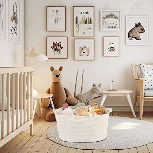 XUANGUO Large Rectangle Blankets Basket Living Room 22"x17"x12" Woven Cotton Rope Storage Baskets for Nursery Toy Baskets for Kids and Dogs Wicker Laundry Basket Bin for Clothes Towels white thumbnail 4