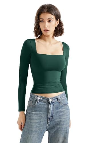 SUUKSESS Women Square Neck Long Sleeve Tops Double Lined Going Out T Shirts thumbnail 2