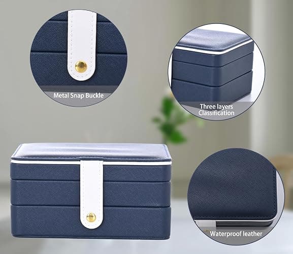 Jewelry Box,3 Layer Leather Jewellry Storage Boxes Small Travel Portable Jewelry Organiser Box for Women and Men Removable Flocking Compartment Gift for Girl Necklace Ring Earrings Bracelet (Blue) thumbnail 5