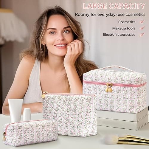 Teiniuby 3Pcs Quilted Pink Floral Makeup Bag Cosmetic Bag for Women Teen Girls,Cute Flowers Make Up Bags,Aesthetic Large Cotton Cosmetic Pouch,Flower Coquette Travel Toiletry Organizer Storage Bag thumbnail 5