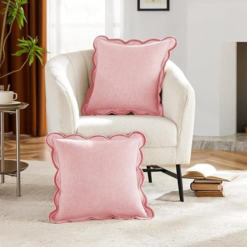 Ohocut Scalloped Pillow Cover Pack of 2 Spring Chenille Decorative Throw Pillow Covers Cute Boho Couch Pillow Covers Aesthetic Funky Preppy Pillow Cases for Sofa Living Room (Blush Pink, 18x18 Inch) thumbnail 2