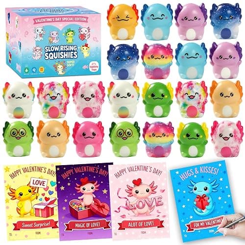 24 PCS Valentines Day Gift Cards with Axolotl Squishy Toys,Valentine's Axolotl Slow Rising Stress Relief Squishies Fidget Toys Bulk for Kids School Classroom Exchange Prizes,Valentine's Party Favor - Image 1