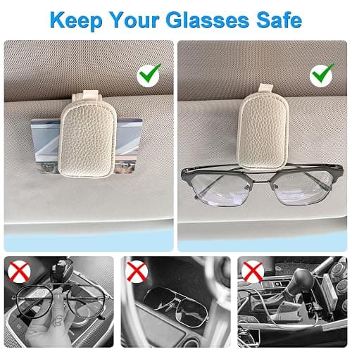 LTOHOE 2 Pack Sunglass Holder for Car, Magnetic Leather Sunglasses Holder and Ticket Card Clip, Universal for Different Size Glasses, Car Visor Accessories(Beige) thumbnail 4