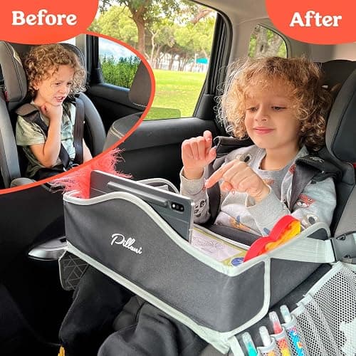 PILLANI Kids Travel Tray for Car - Car Seat Tray for Kids Travel, Road Trip Essentials Must Haves - Carseat Table Roadtrip Activities - Toddler Lap Desk Organizer for Airplane - Kids Travel Essentials - Blue Dinosaur thumbnail 5