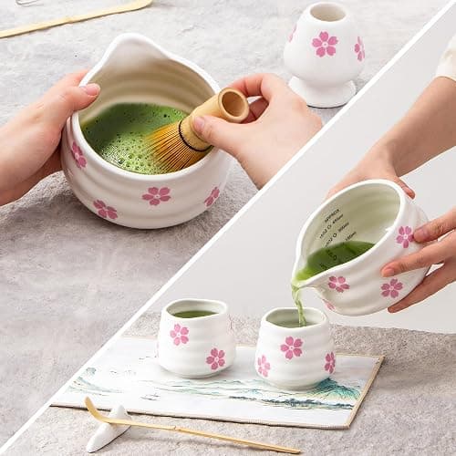 YumiPLUS 2pcs Matcha Bowl with Whisk Holder, Ceramic Cherry Blossom Matcha Bowl with Spout, 16.5OZ Porcelain Bowl with Measurement Marks,Tea Mixing Bowl with Whisk Stand, Matcha Gift (sakura) thumbnail 2