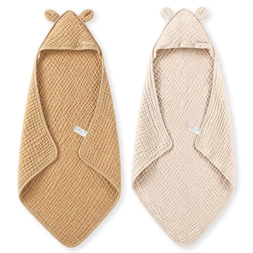 Momcozy 6-Layer Muslin Cotton Baby Towels with Hood, 32x32 Inch, Brown | 6-Layer 100% Cotton Muslin Hooded Baby Towel Set for Newborn, Infant & Toddler, Soft Absorbent Baby Bath Essentials - Image 1