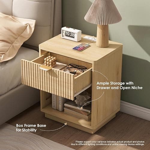 Nasonet Fluted Nightstand Charging Station,Wood Modern Night Stands Storage Cabinet for Bedroom,Oak Bedside Table with Drawers thumbnail 3
