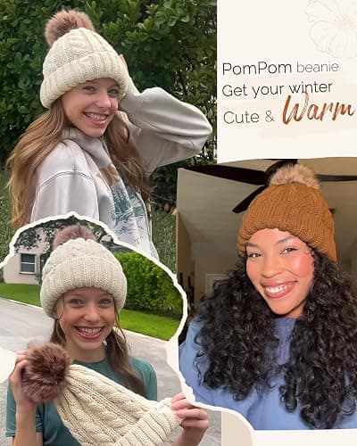 YANIBEST Womens Winter Beanie Hat Satin Lined Knitted Beanie Hat Warm Soft Ski Cuff Cap with Pom Pom thumbnail 4