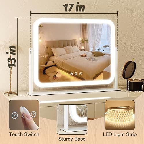 FENNIO Vanity Mirror with Lights 17''x13'' Makeup Mirror with Lights,Vanity Mirror Touch Screen with 3-Color Lighting,Dimmable,for Vanity Desk Tabletop White thumbnail 2