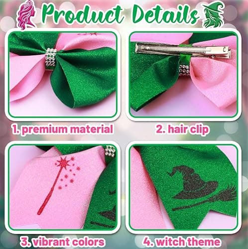 2Pcs Witch Gifts for Girls, Witch Merch Hair Accessories Hair Bows for Witch Movie Fans, Pink Green Cute Bow Hair Clips Party Favors thumbnail 3