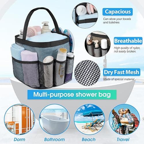 Attmu Mesh Shower Caddy Portable for College Dorm Room Essentials with 8 Pockets, Hanging Shower Caddy Dorm Basket, Quick Dry Shower Bag for Bathroom - Black thumbnail 2