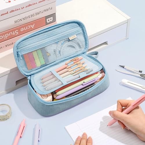 SUNEE Cute Pencil Case, Large Capacity Pencil Pouch Aesthetic Zipper Pencil Bag, Big Storage Pen Organizer for Stationery, Soft Corduroy Pencil Box Back to School Supplies for Teen Girls Boys, Blue thumbnail 2