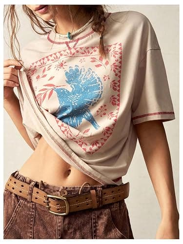 BEAUDRM Women's Graphic Boho Tshirts Vintage Hippie Short Sleeve Tee Top | Vintage 70s Outfits, Western, Animal Print, Cowgirl Tee, Boho Graphic T Shirt, Streetwear thumbnail 5