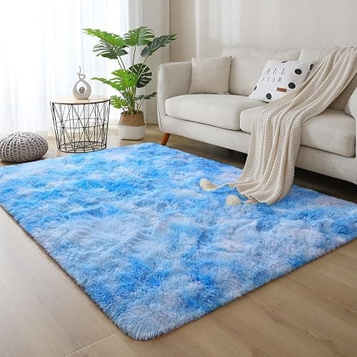 DweIke Fluffy Blue Shag Rugs for Bedroom Living Room, 3x5 Feet Soft Plush Tie-Dyed Light SkyBlue Girls Boys Kids Rug, Upgraded Non-Slip and Machine Washable Carpet for Dorm Nursery Classroom Decor thumbnail 5