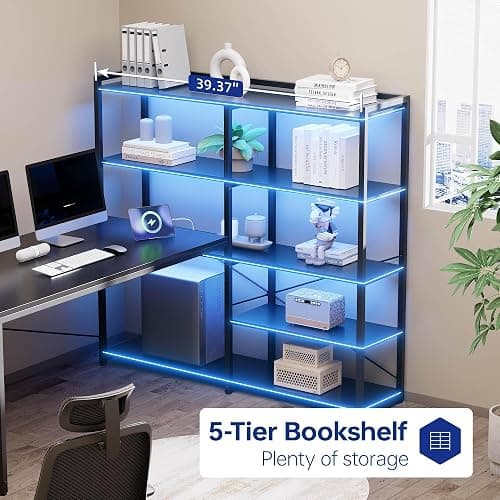 Pamray 49 Inch L Shaped Gaming Computer Desk with Shelves and Storage | Compact Reversible Design with LED Lights & Power Outlets, Suitable for Home Office Bedroom Small Spaces and Dorm Study Work thumbnail 4