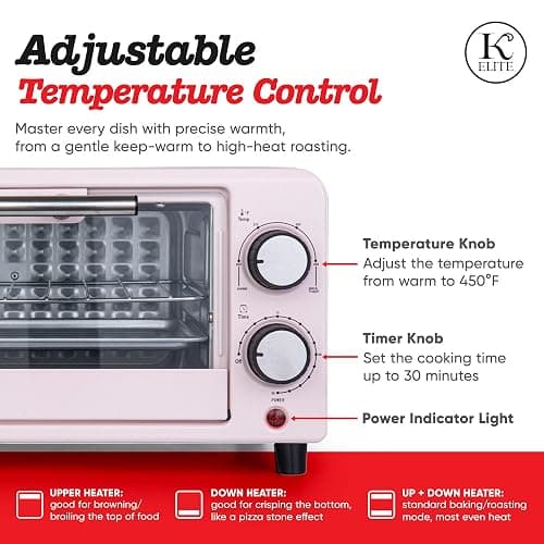 Kitchen Elite 4-Slice Countertop Toaster Oven, Stainless Steel Tray, Pink thumbnail 7