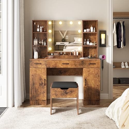 Vabches Makeup Vanity Desk with Lighted Mirror & Power Strip, Large Brown Vanity Table Set Rustic Farmhouse Style with Storage Stool, 3 Lighting Modes, Brightness Adjustable, 45.2in (W) thumbnail 3