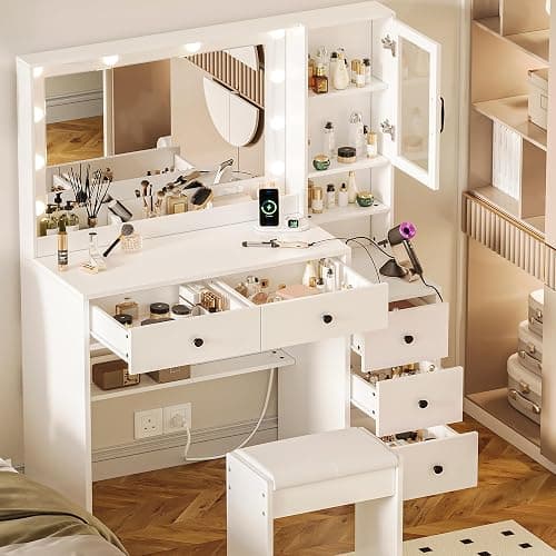 UGTOO White Vanity Table with Drawer Dresser, Farmhouse Vanity Makeup Desk with Charging Station, Vanity Desk with Lights Mirror & Drawers for Makeup, Vanity Desk with Storage Shelf & 5 Drawers thumbnail 3