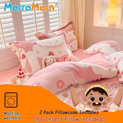 MorroMorn Decorative Pillows Covers Pink Kawaii, 2 Packs Plush Pillow Cases Standard Size, Soft Furry Throw Pillowcase Cushion Shams with Zipper Closure Girls Room Decor (Cream Cake, Standard) thumbnail 5