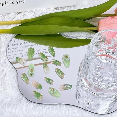 30Pcs Green Press on Nails Medium Almond Fake Nails with 3D Pearl Gold Beads Designs Stick on Nails 3D Flower Butterfly False Nails Spring Summer Acrylic Nails Silver Star Glue on Nails for Women thumbnail 3
