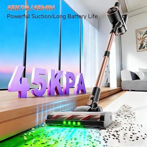 Shieal Cordless Stick Vacuum Cleaner - 45KPA Powerful Suction Vacuum with 45 Min Runtime, Detachable Battery, Anti-Tangle & 1.5L Dust Cup, 8 in 1 Vacuum Cleaner for Pet Hair, Carpet, HardFloor, Pink thumbnail 2