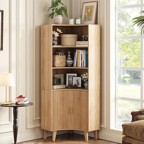 Vudanfe Tall Corner Cabinet with Fluted Doors, 5-Tier Coffee Bar Cabinet with Storage, Narrow Storage Cabinets with Adjustable Shelves, Bathroom Organizers and Storage for Small Space, Natural - Image 1
