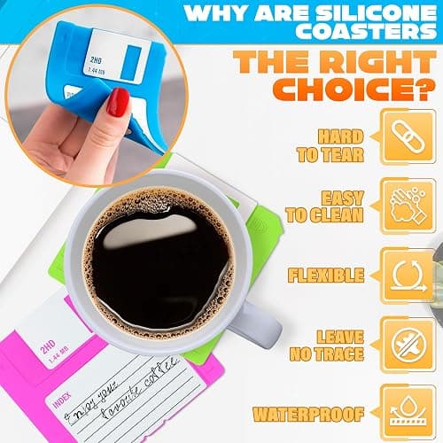 6 Pcs Floppy Disk Coaster Set - 3.54"x3.54" Funny Coasters, Retro Coasters for Office, Made of Durable & Flexible Non-Slip Silicone - Waterproof Office Coaster for Desk Decor and 90s Gifts Ideas thumbnail 3