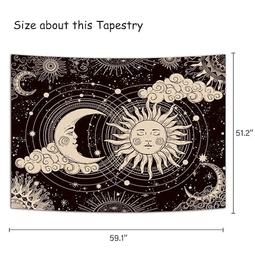 Wonrizon Sun and Moon Tapestry, Aesthetic Black Dark Spiritual Tapestries Mystic Burning Sun with Clouds Star Wall Hanging decor for Bedroom (51.2" x 59.1") thumbnail 3