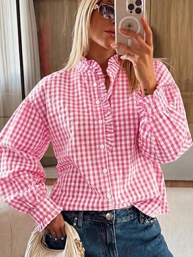 Cicy Bell Womens Plaid Shirts Ruffle Puff Long Sleeve V Neck Gingham Tops | Trendy Casual, Button Down, Work Casual, Checkered Blouses, Loose Fit thumbnail 3
