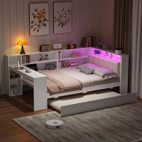 Merax Multifunctional Twin Size Daybed with Trundle, Built-in Desk, Wood Corner Bed with 8 Storage Shelves, Charging Station, and Upholstered Headboard, Beige + White thumbnail 9