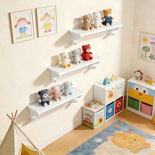Alsonerbay Nursery Floating Shelves for Wall 3 Pack, 17 inch Wood Wall Shelves with Hook, Decorative Hanging Shelves for Bedroom Living Room Entryway and More White thumbnail 6