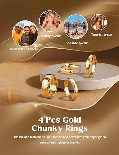 Chunky 14K Gold Plated Rings for Women Non Tarnish - 4Pcs 14K Thick Gold Plated Statement Rings Set Fashion Stackable Ring Trendy Waterproof Chunky Dome Ring thumbnail 5
