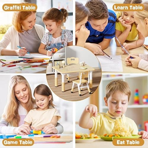 Brelley Kids Table and 2 Chairs Set, Height Adjustable Toddler Desk 31.5" L x 23.6" W and Chair Set, Graffiti Desktop, Classroom/Daycare/Home, Children Multi-Activity Table for Ages 3-8 thumbnail 7