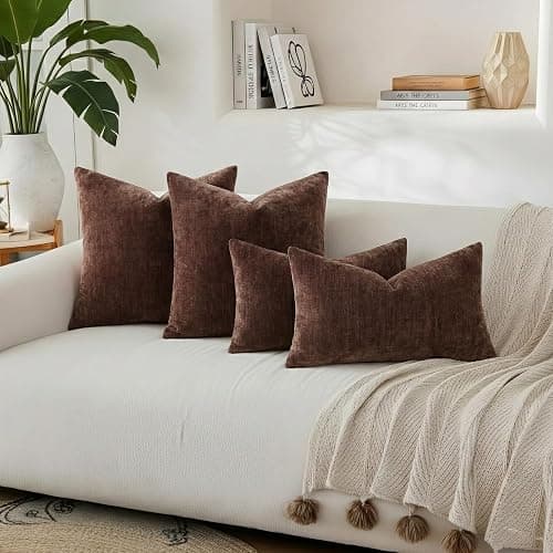 decorUhome Chenille Reddish Brown Throw Pillow Covers 18x18 Inch Set of 2, Decorative Soft Couch Pillow Covers Solid Dyed Accent Farmhouse Neutral Square Pillow Cases for Sofa thumbnail 5