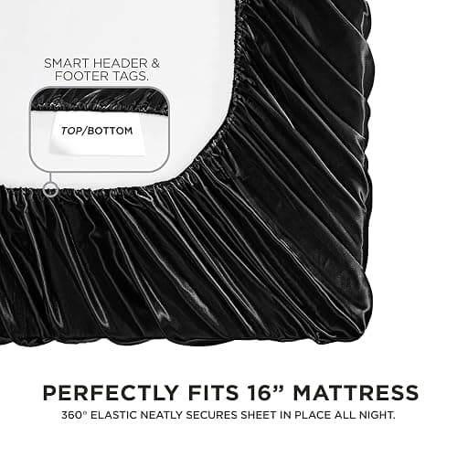 Juicy Couture Queen Size Satin Bed Sheet Set, Deep Pocket Silky Queen Sheet Set with 1 Fitted Sheet, 1 Flat Sheet and 2 Pillow Case, Wrinkle Resistant and Anti Pilling Bed Sheets - Black thumbnail 3