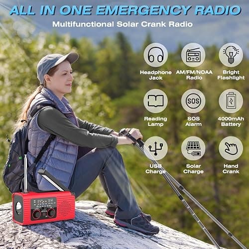 NITIGO Emergency Weather Radio, 4000mAh NOAA Weather Alert Radio Solar Charging, Hand Crank & USB Charged, AM/FM with LED Flashlight, Reading Lamp, SOS Alarm, Headphone Jack for Outdoor Indoor thumbnail 9